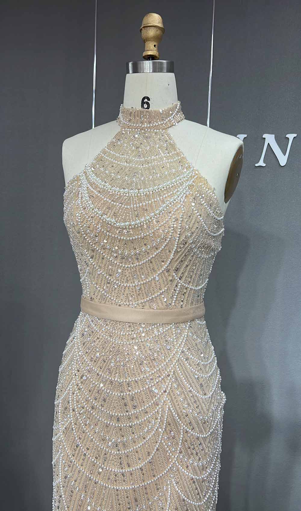 YQLNNE 073 Nude Pearls Beading Long Prom Dress Halter With Glovers