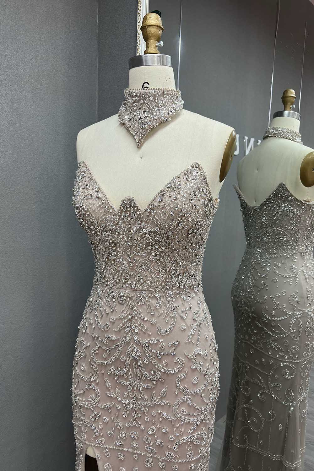 YQLNNE 036 Nude Rhinestones Evening Dress Long Mermaid Gown With Shawl