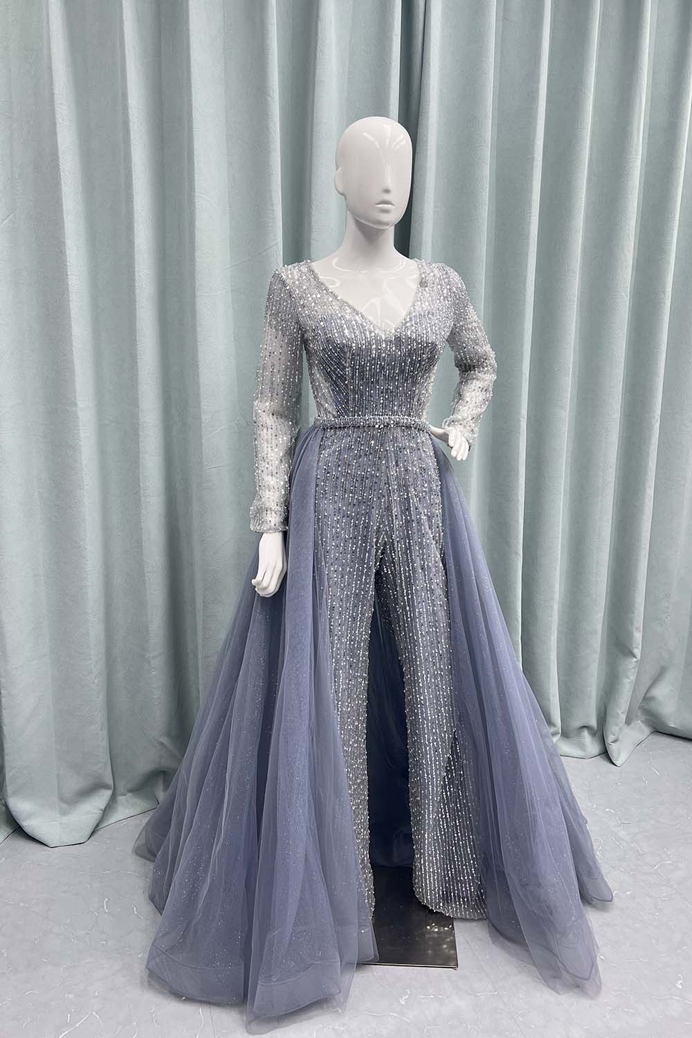 Black Full Sleeves Jumpsuit Beading Evening Party Gown With Removable Train