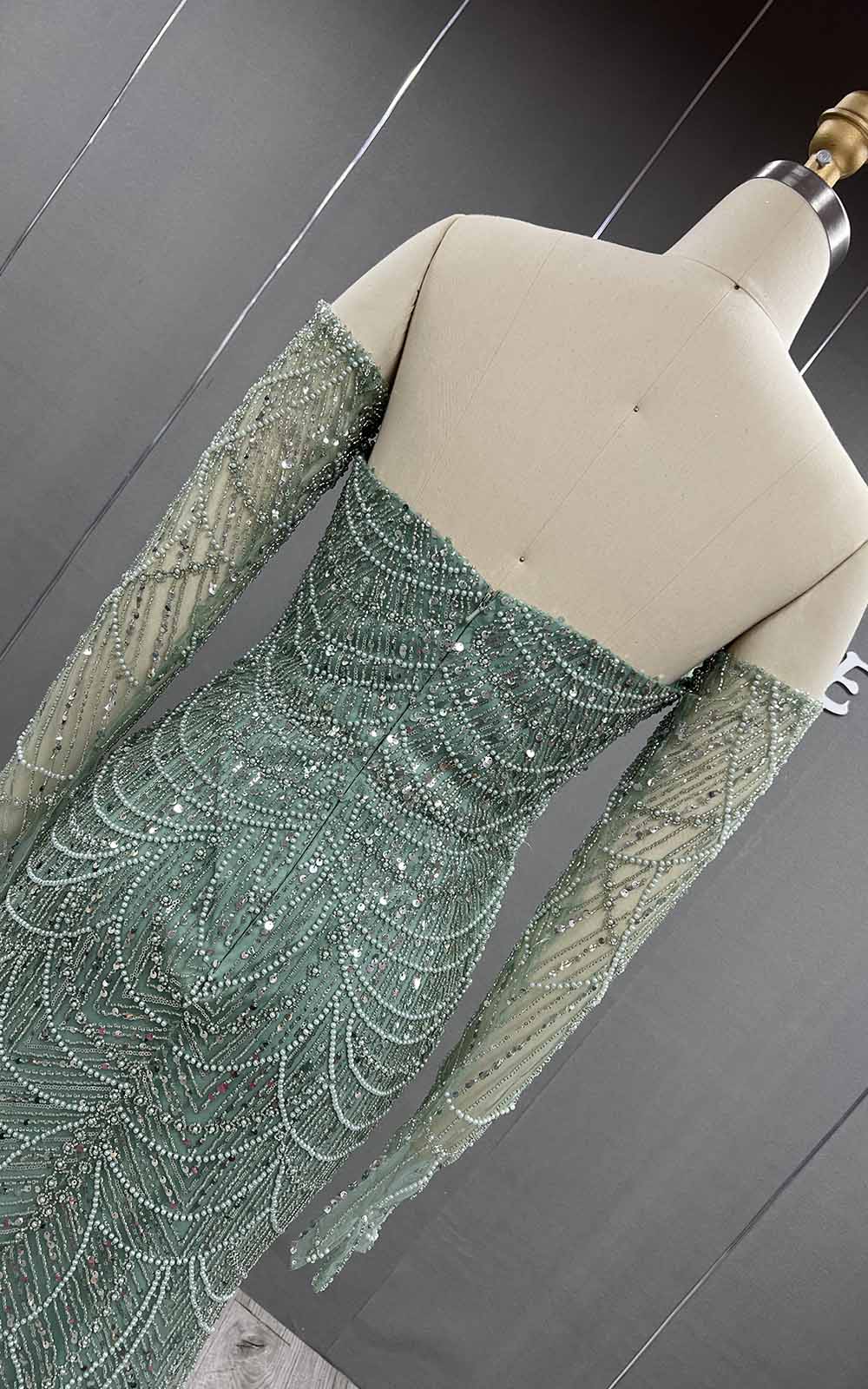 YQLNNE 076 Greenery Beading Evening Dress Mermaid Formal Gown With Gloves