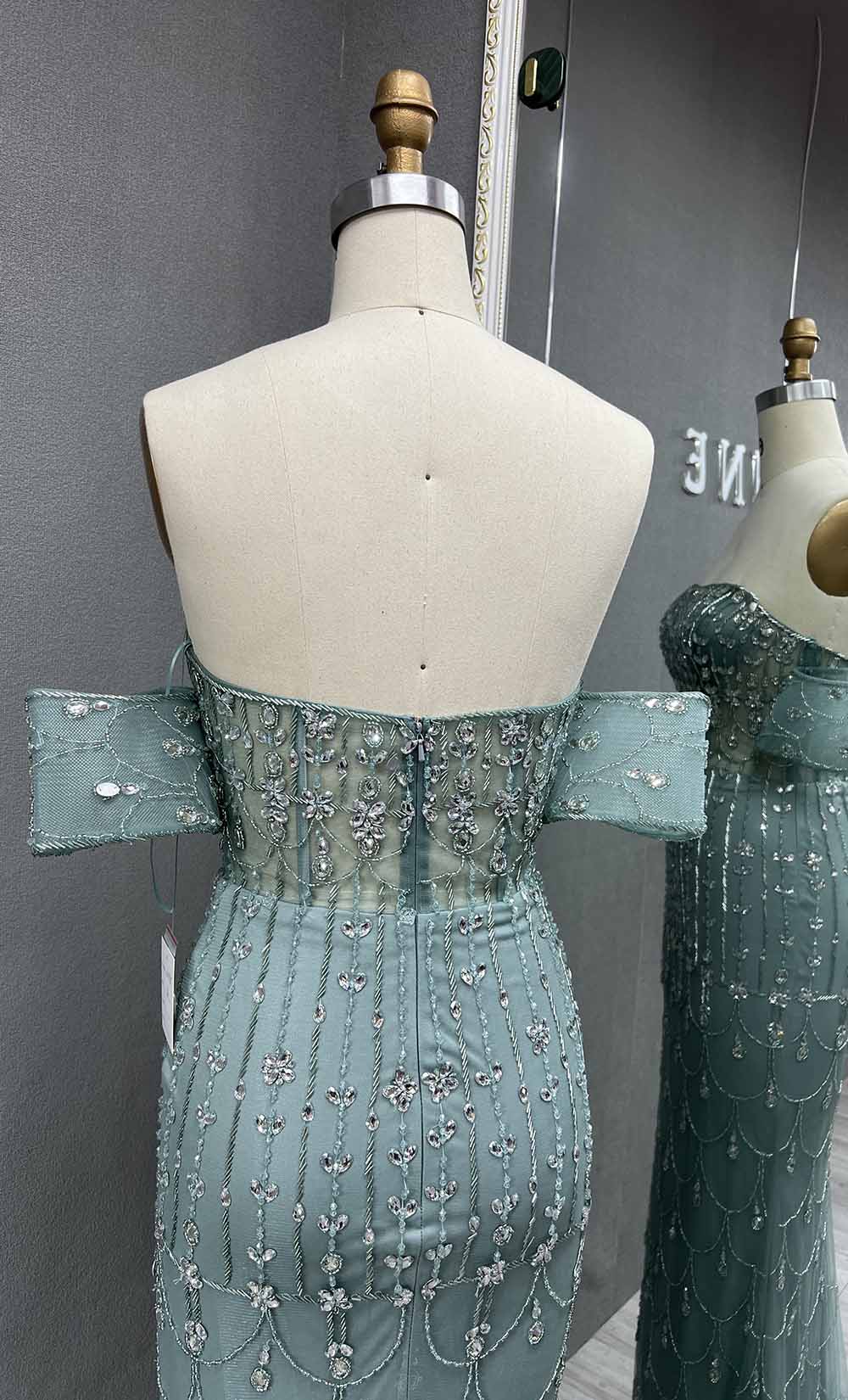 YQLNNE 5019 Sage Green Off Shoulder Evening Dress Crystals Beaded With Removable Train