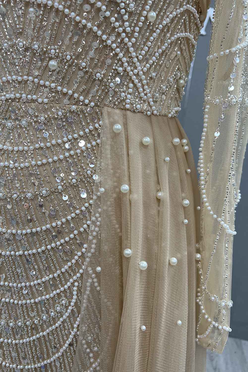 YQLNNE Modest Nude Beading Long Sleeves Evening Dress