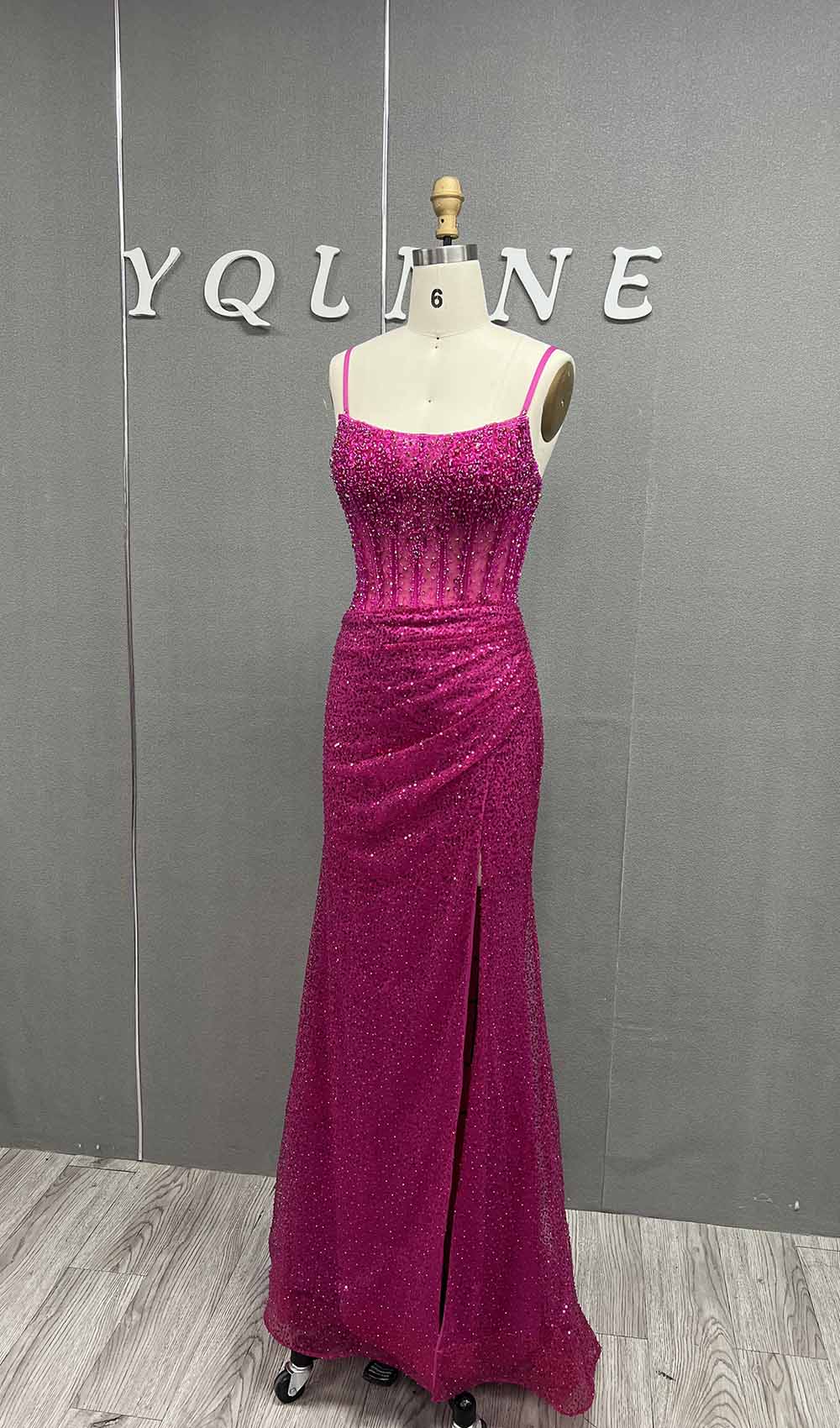 YQLNNE 06 Royal Blue Long Crystals Beaded Slit Prom Dresses With Straps