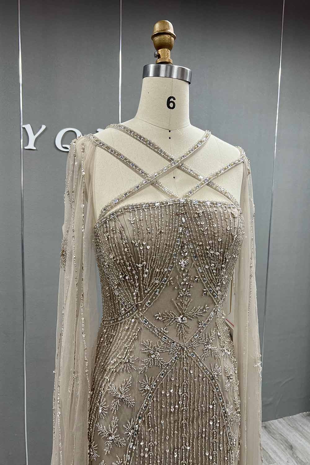 YQLNNE 088 Luxury Nude Crystals Evening Dress With Cape