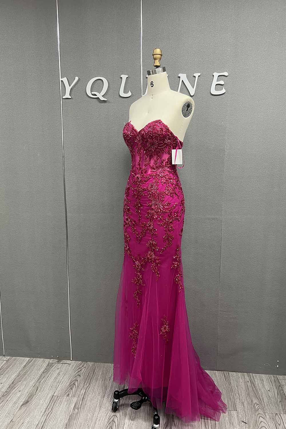 YQLNNE 012 Fuchsia Embroidery Beading Prom Dresses Long Mermaid Evening Gown Lace-up