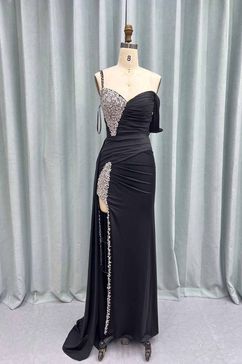 YQLNNE 020 Red High Slit Crystals Long Prom Dresses One Shoulder Evening Gown