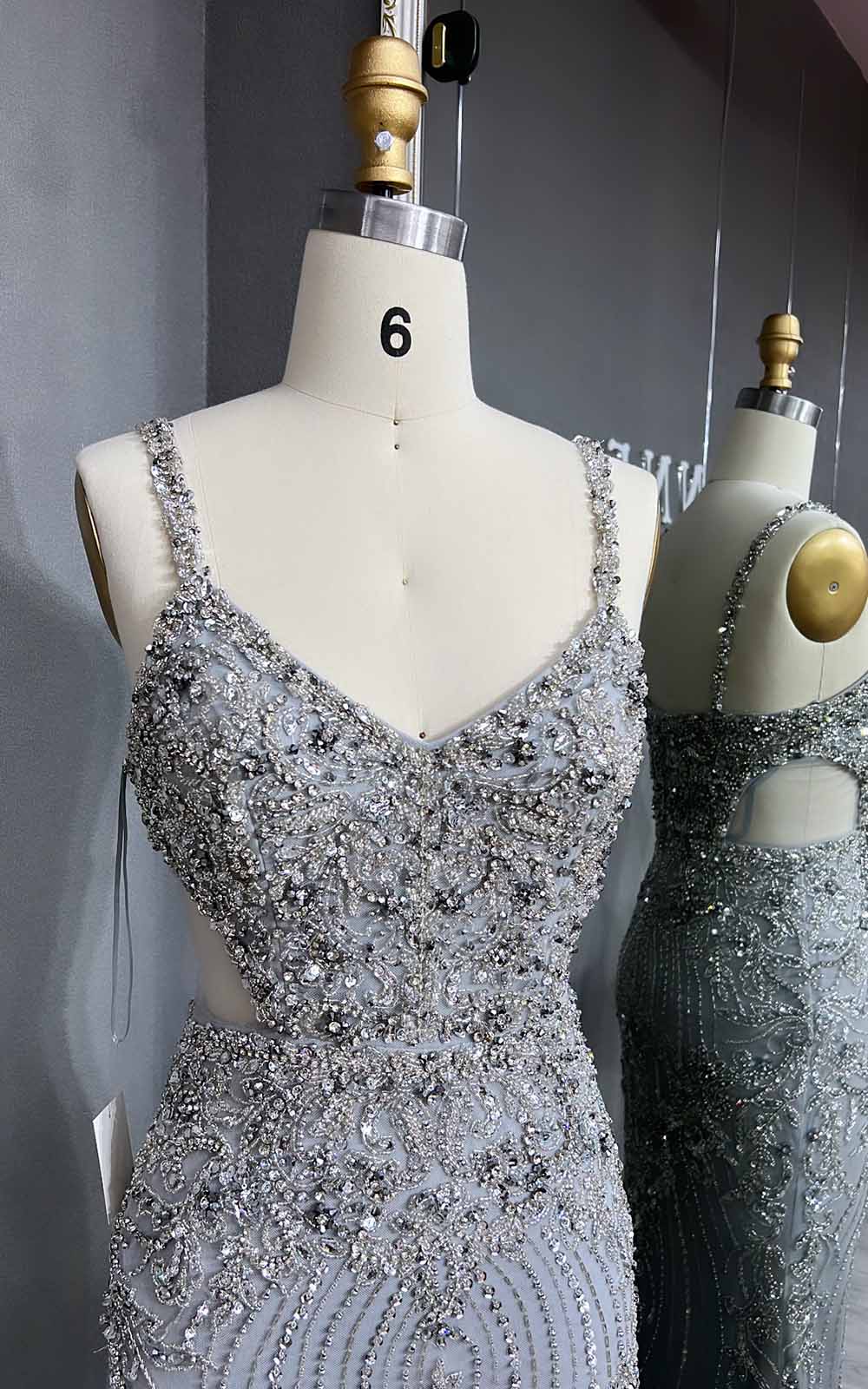 YQLNNE 063 Silver Crystals Beaded Mermaid Evening Dress Long Party Gown
