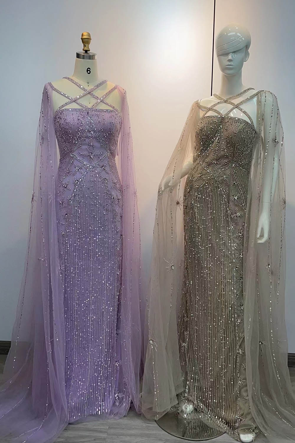 YQLNNE 088 Luxury Nude Crystals Evening Dress With Cape