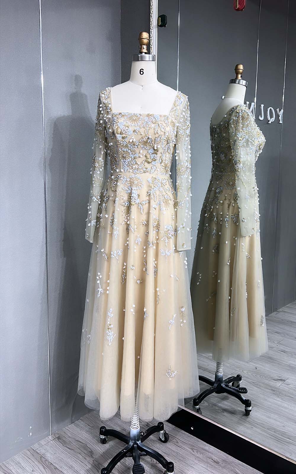 YQLNNE 081 Baby Blue Long Sleeves Evening Dress Square Collar Crystals Beaded Formal Gown