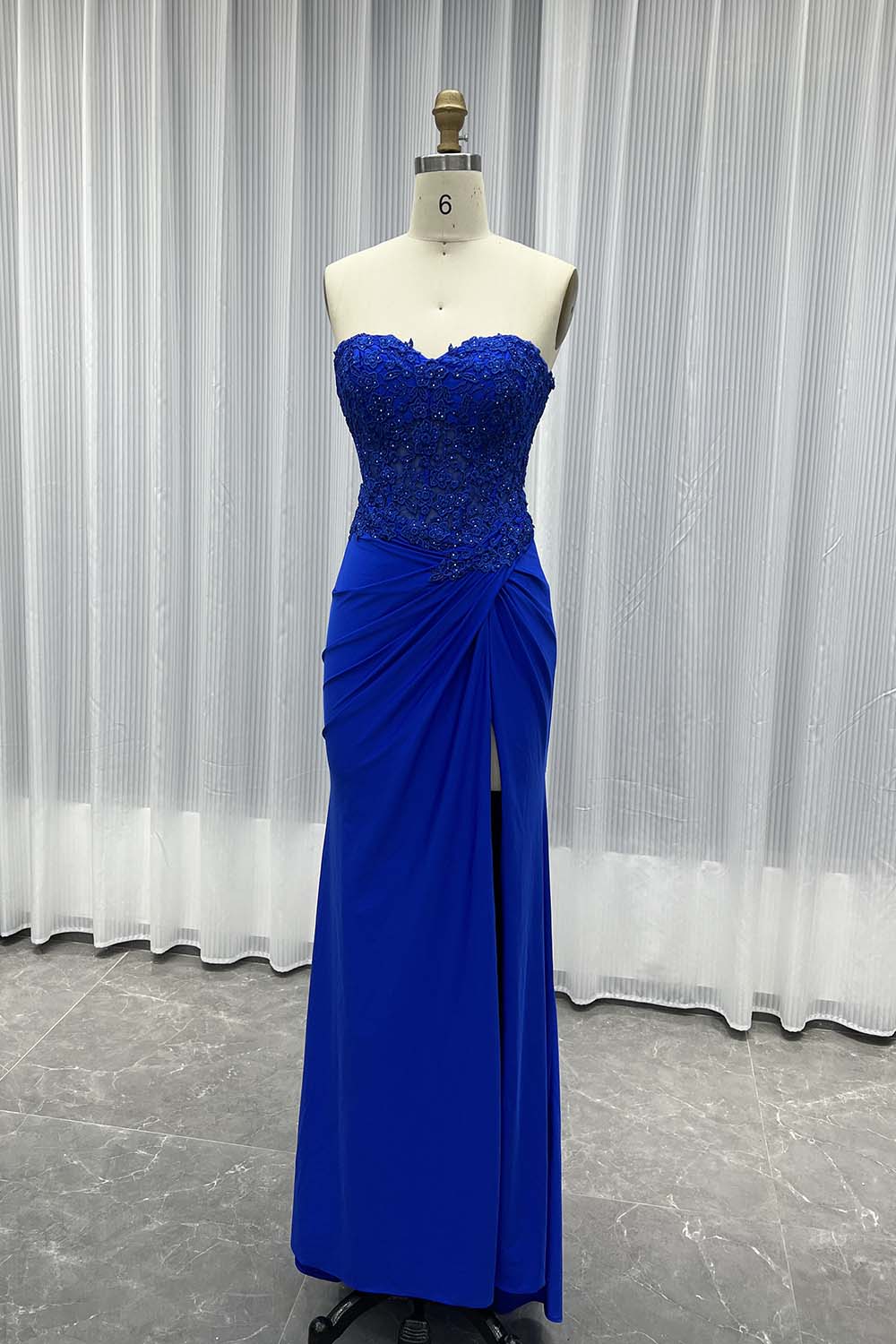 YQLNNE 03 Royal Blue Strapless Long Prom Dress With Appliques Crystals