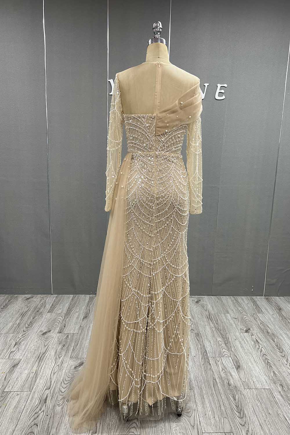 YQLNNE Modest Nude Beading Long Sleeves Evening Dress