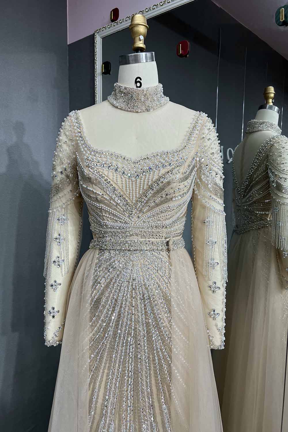 YQLNNE 053 Sage Green Full Sleeves Evening Dress Crystals Beaded Formal Gown