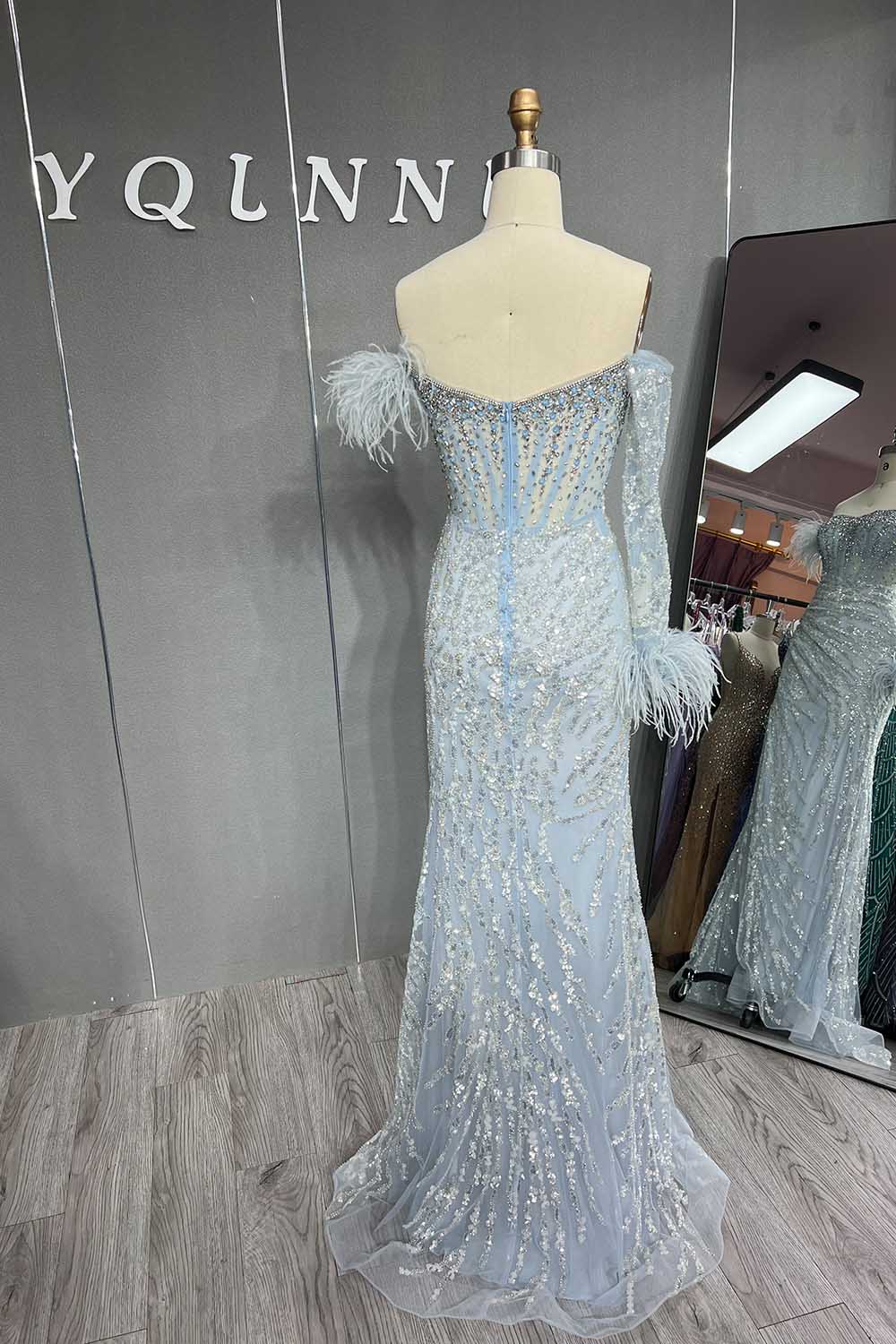 YQLNNE 047 Rose Gold Feathers Evening Gown Long Sleeves Mermaid Formal Dresses