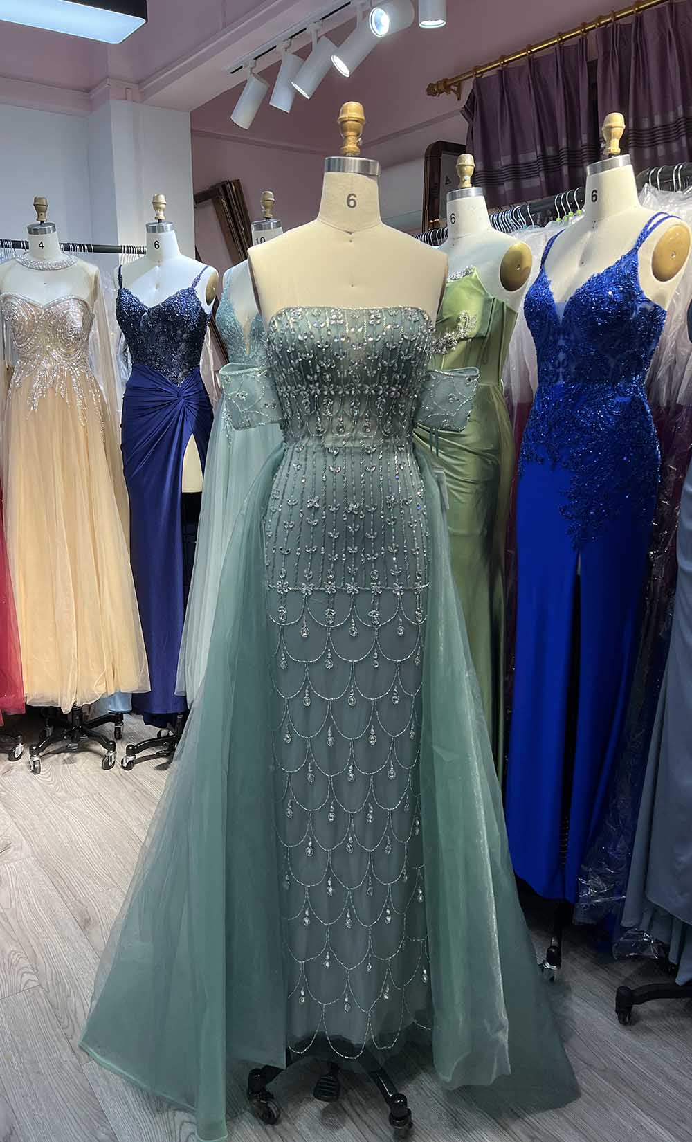 YQLNNE 5019 Sage Green Off Shoulder Evening Dress Crystals Beaded With Removable Train