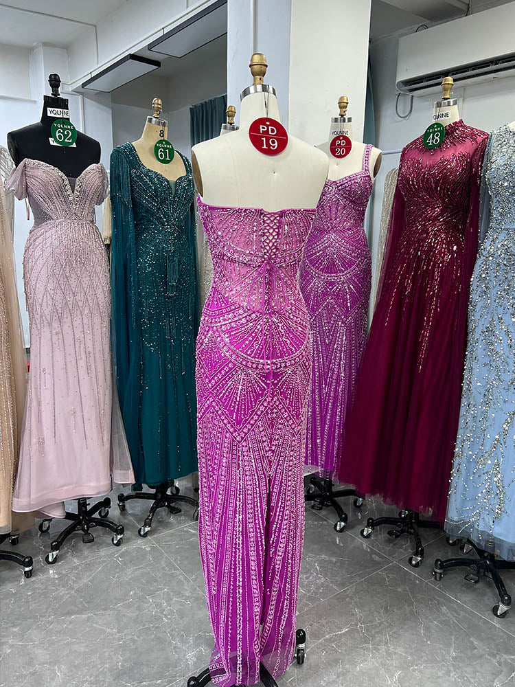 YQLNNE PD019 Fuchsia Strapless Beadings Mermaid Prom Dress Lace-up