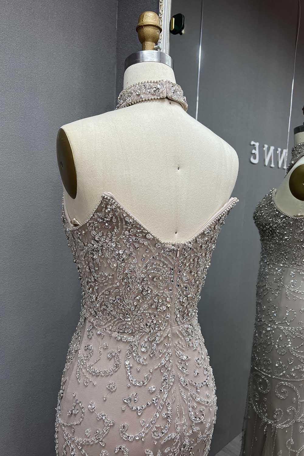 YQLNNE 036 Nude Rhinestones Evening Dress Long Mermaid Gown With Shawl