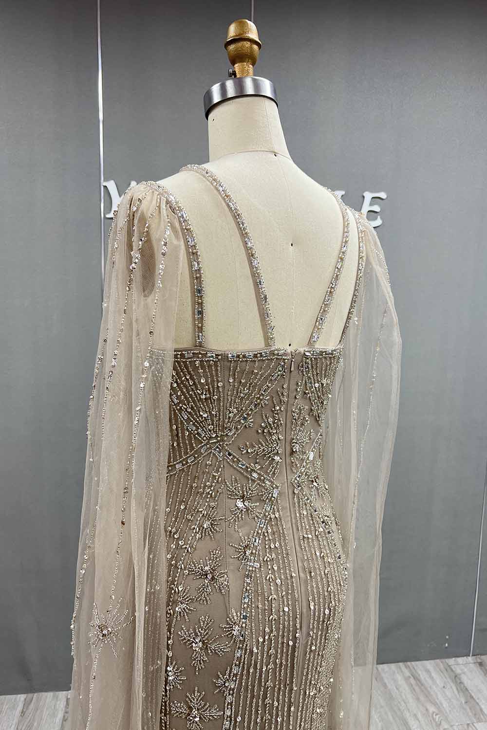 YQLNNE 088 Luxury Nude Crystals Evening Dress With Cape
