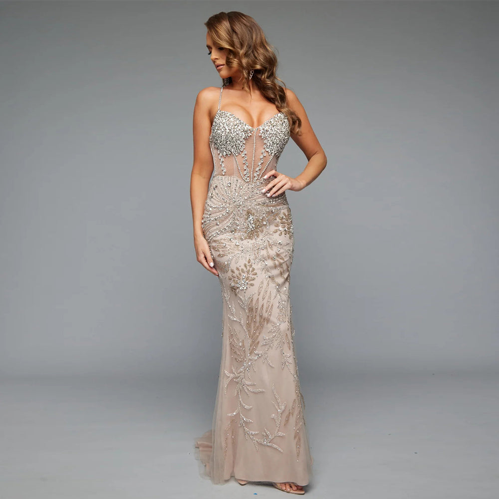 YQLNNE Nude Rhinestones Mermaid Evening Dress Long Formal Women Party Dress