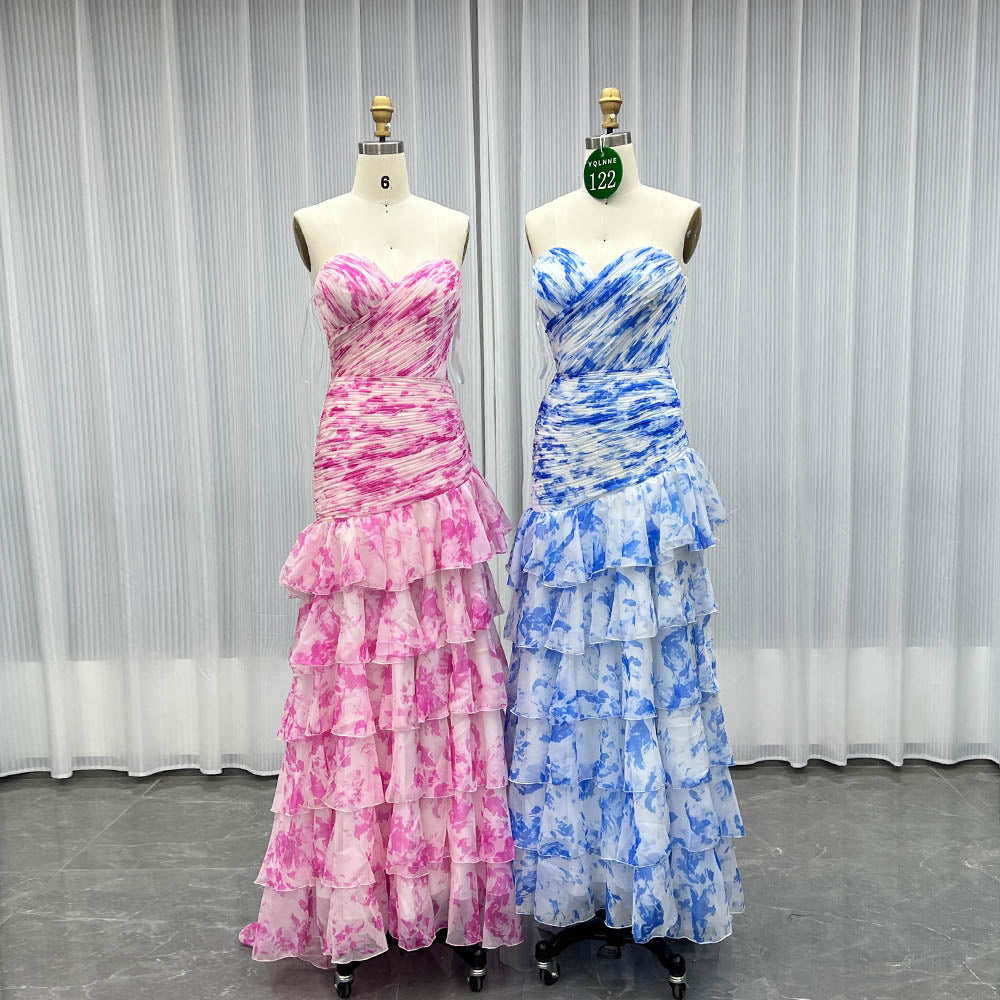 YQLNNE 0122 Pink Print Flowers Long Prom Dress Lace-up