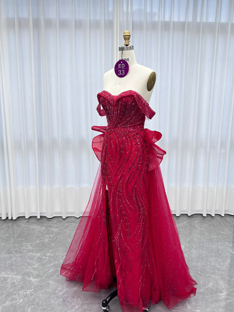 YQLNNE ED033 Classic Off Shoulder Crystals Red Evening Dress With Slit