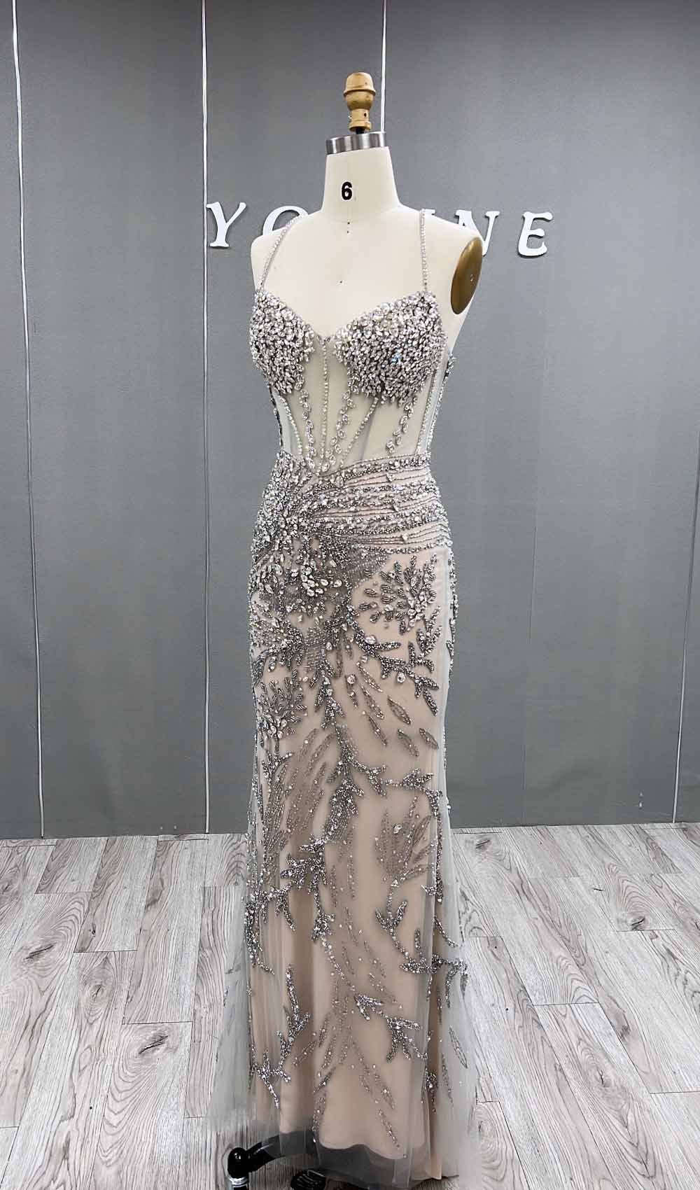 YQLNNE 066 Silver Nude Rhinestones Long Evening Dress Mermaid Party Dress With Cape