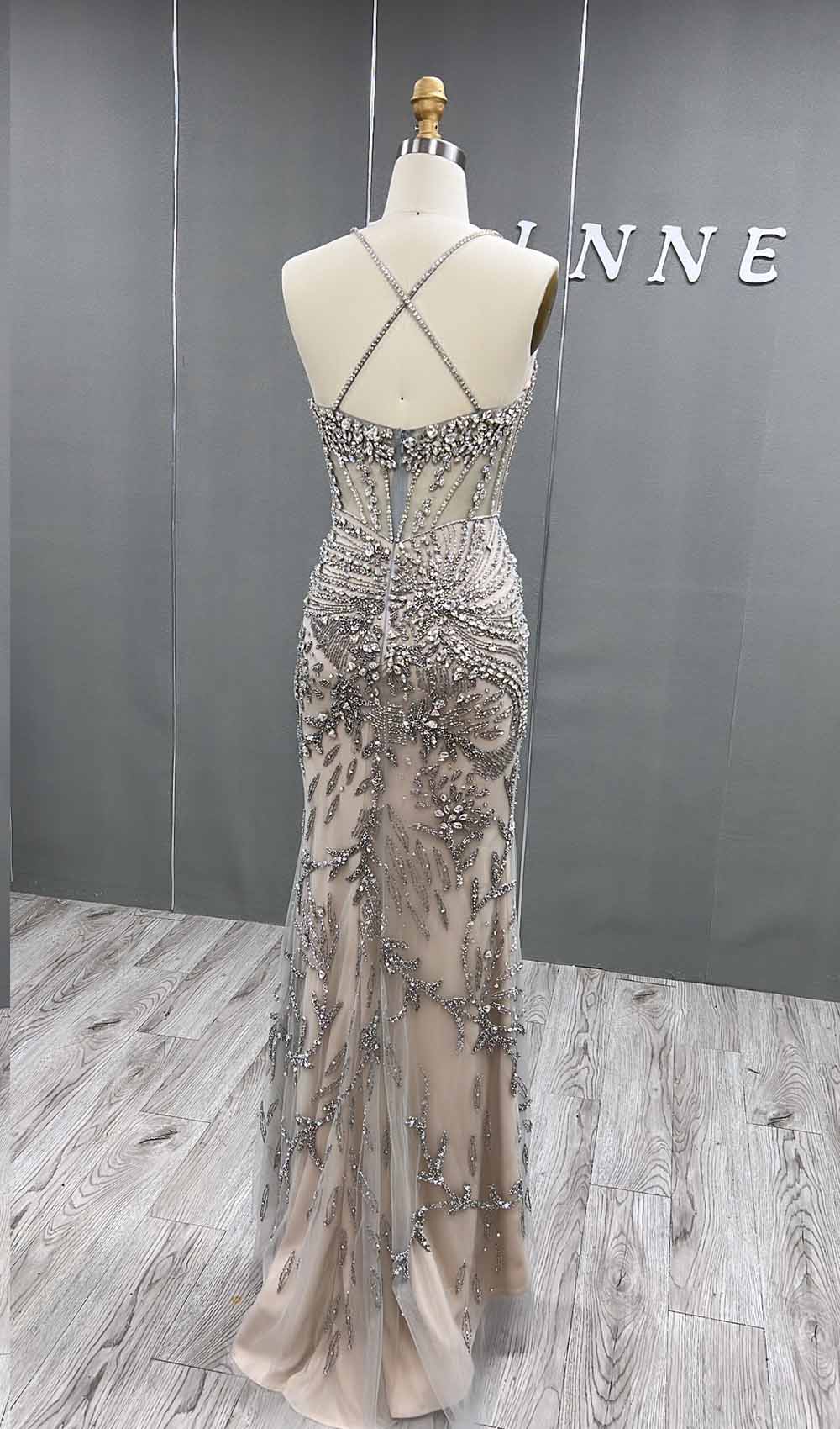 YQLNNE 066 Silver Nude Rhinestones Long Evening Dress Mermaid Party Dress With Cape