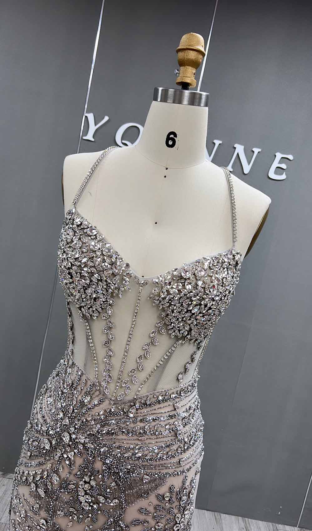 YQLNNE 066 Silver Nude Rhinestones Long Evening Dress Mermaid Party Dress With Cape