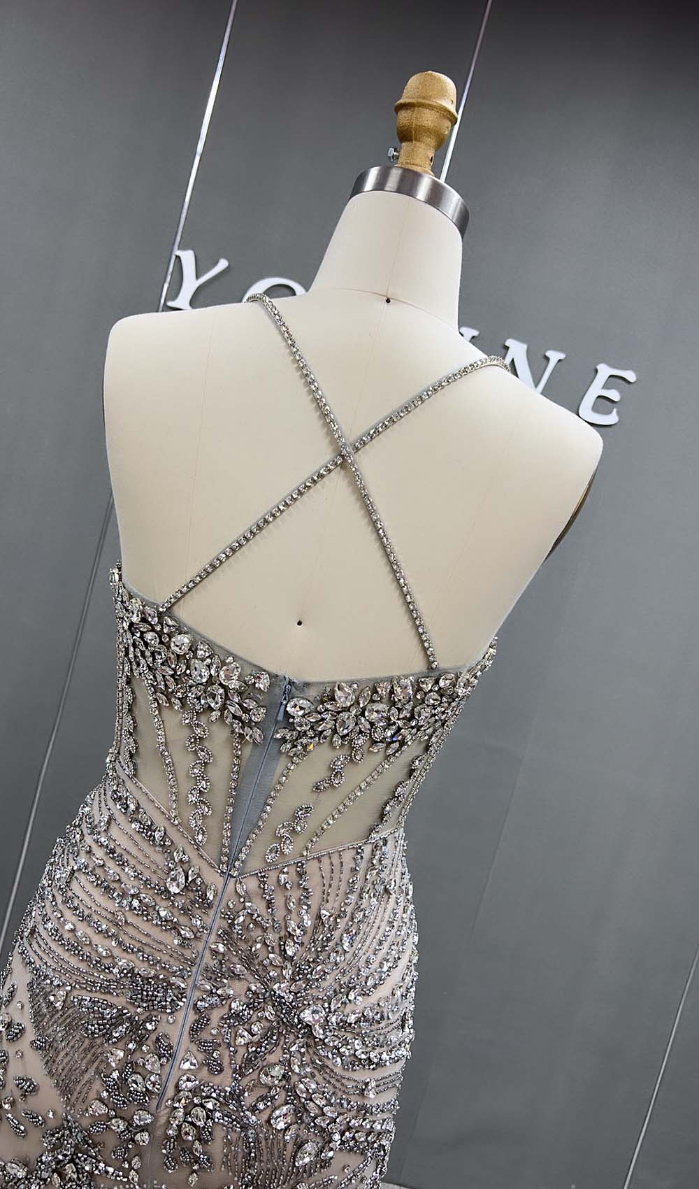 YQLNNE 066 Silver Nude Rhinestones Long Evening Dress Mermaid Party Dress With Cape