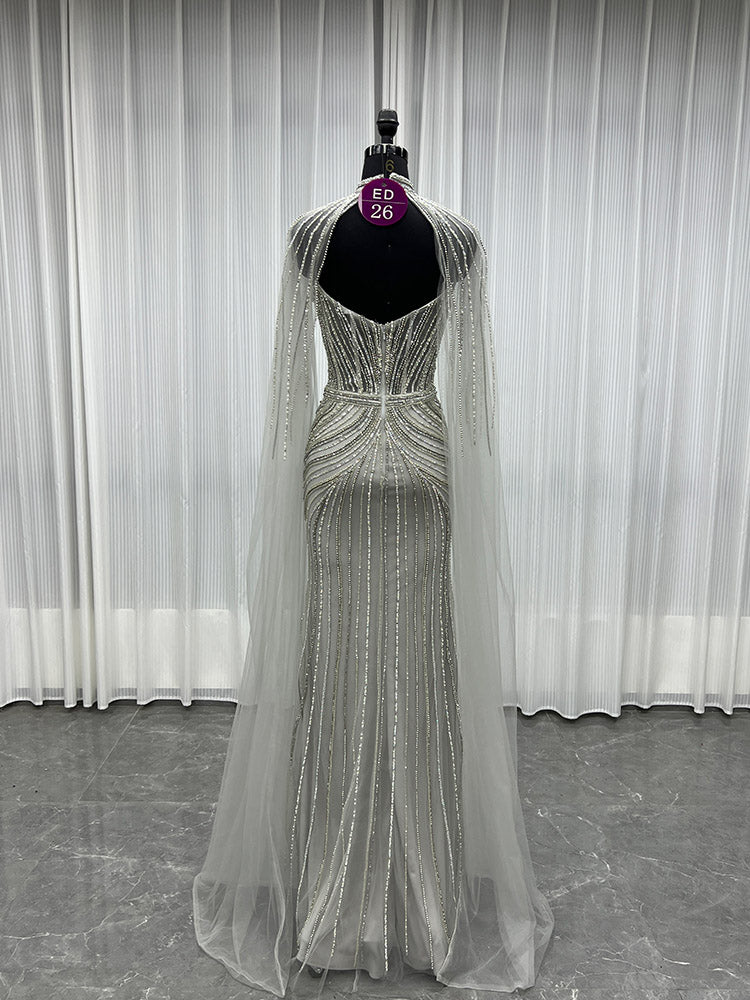 YQLNNE ED026 Silver Crystals Long Evening Dress Mermaid With Shawl