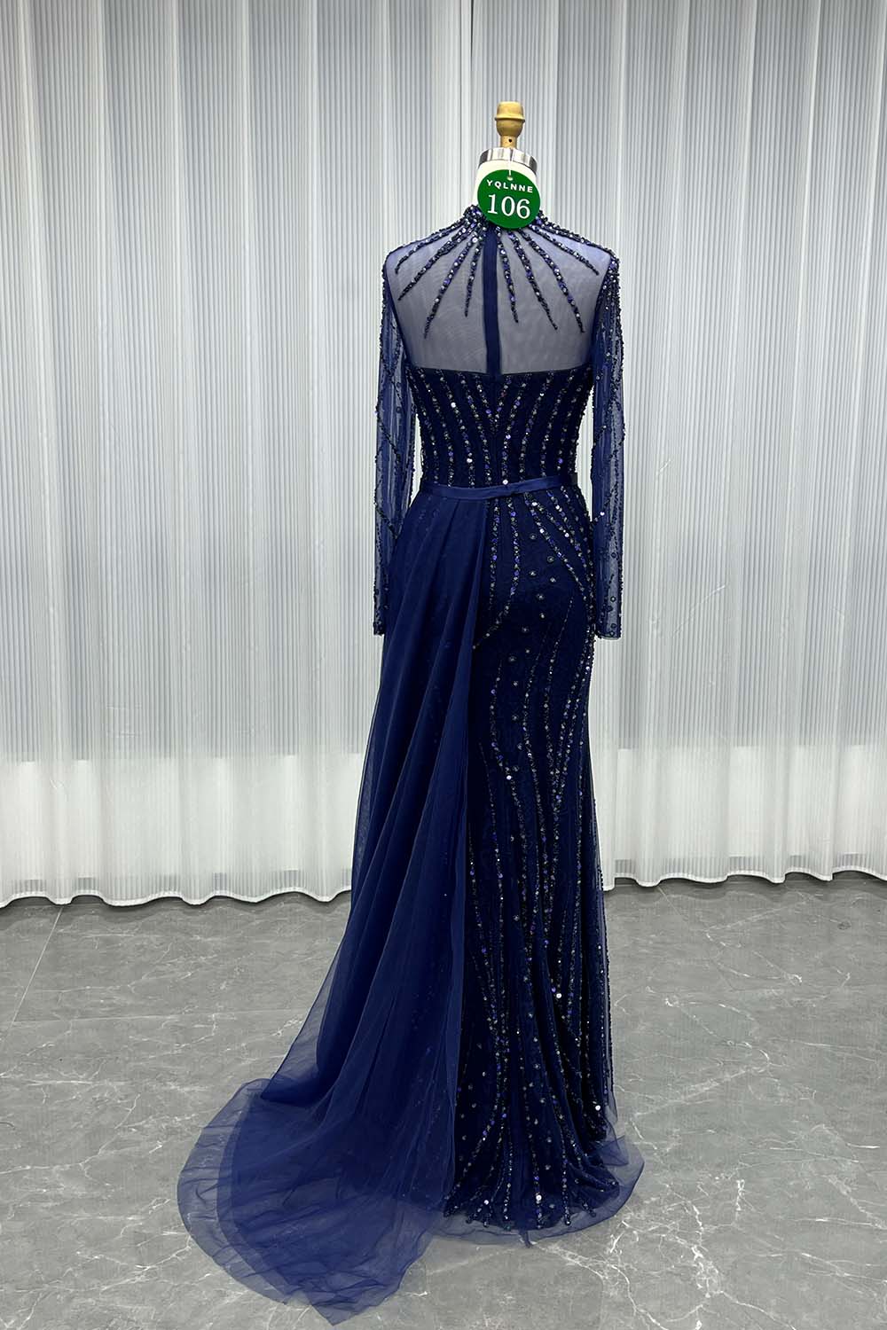 YQLNNE 0106 Modest Navy Long Sleeve Evening Dress Formal Party Gown