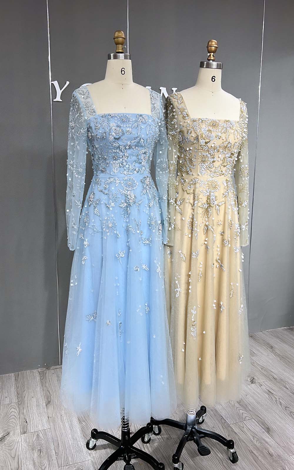 YQLNNE 081 Baby Blue Long Sleeves Evening Dress Square Collar Crystals Beaded Formal Gown