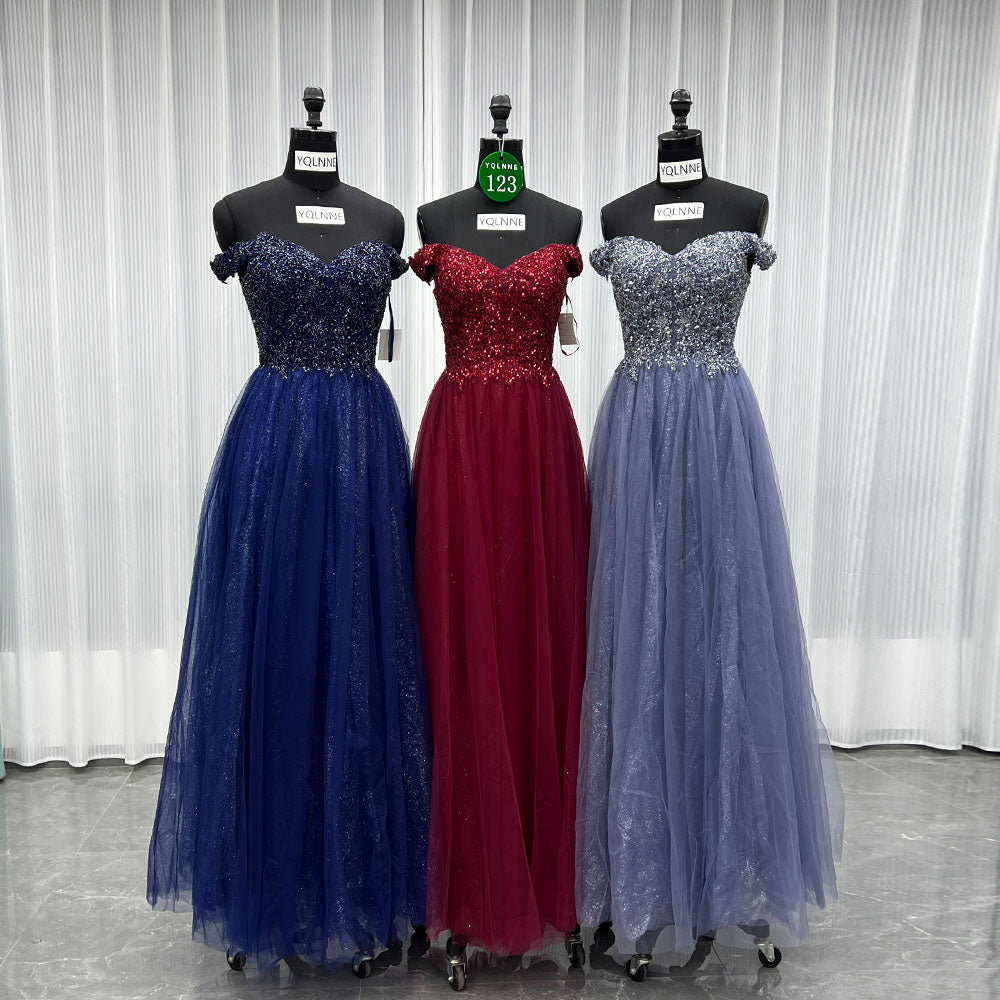 YQLNNE 0123 Wine Red Off Shoulder Prom Dress Long Party Gown