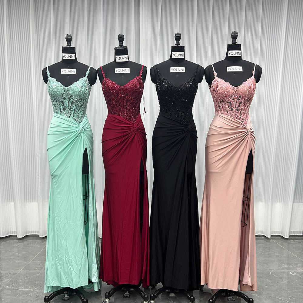 YQLNNE 01 Sexy Black Embroidered Long Slit Prom Dresses Mermaid Spaghetti Beading Party Gown