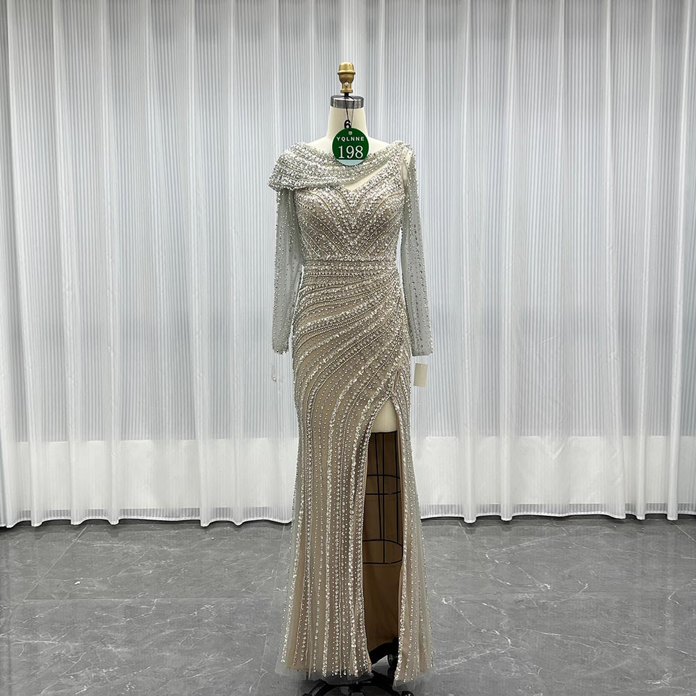 YQLNNE 0198 Silver Nude Crystals Evening Dresses Long Sleeves Gowns