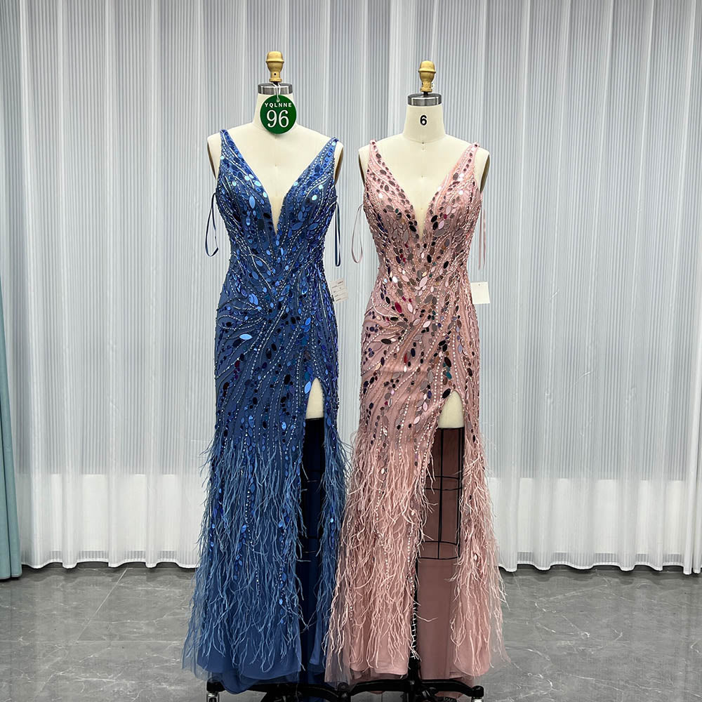 YQLNNE 096 Pink Feathers Long Slit Evening Dress With Lens
