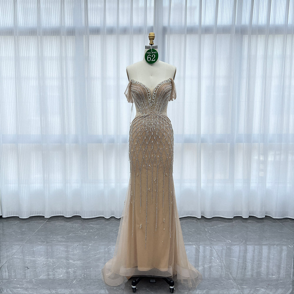 YQLNNE 062 Nude Off the Shoulder Evening Dress Handmade Crystals Long Mermaid Party Gown