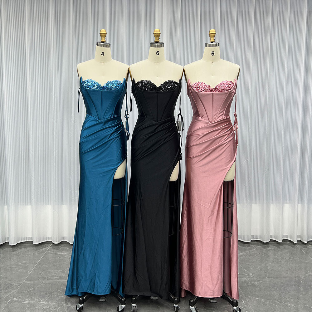 YQLNNE 04 Black Satin Slit Long Prom Dresses Strapless Lace-up Formal Party Dress
