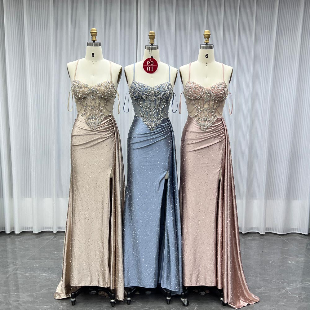 YQLNNE PD01 Champagne Straps Crystals Long Prom Dresses Lace-up Back