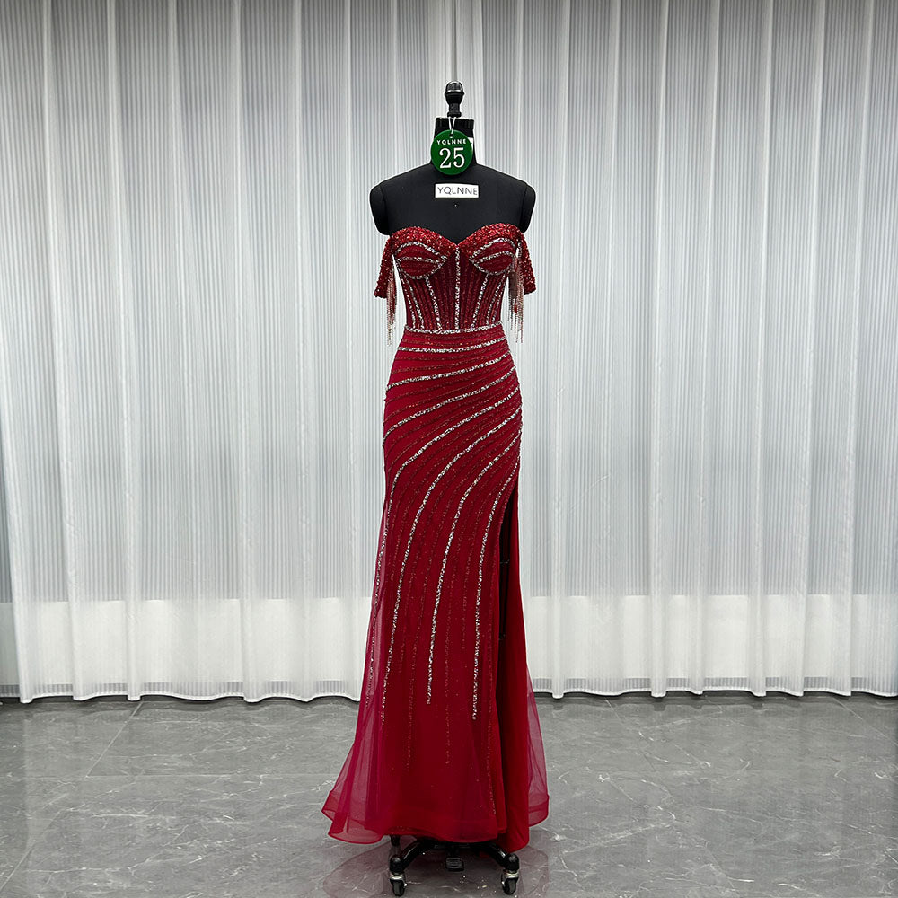 YQLNNE 025 Red Off Shoulder Crystals Beaded Prom Dress Long Evening Gown
