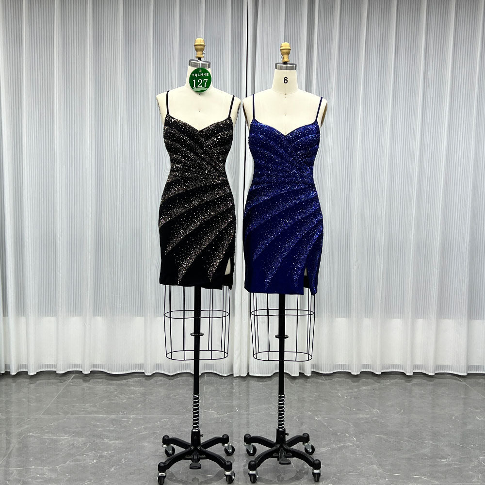 YQLNNE 0127 Black Short Mini Cocktail Dress Crystals Party Gown