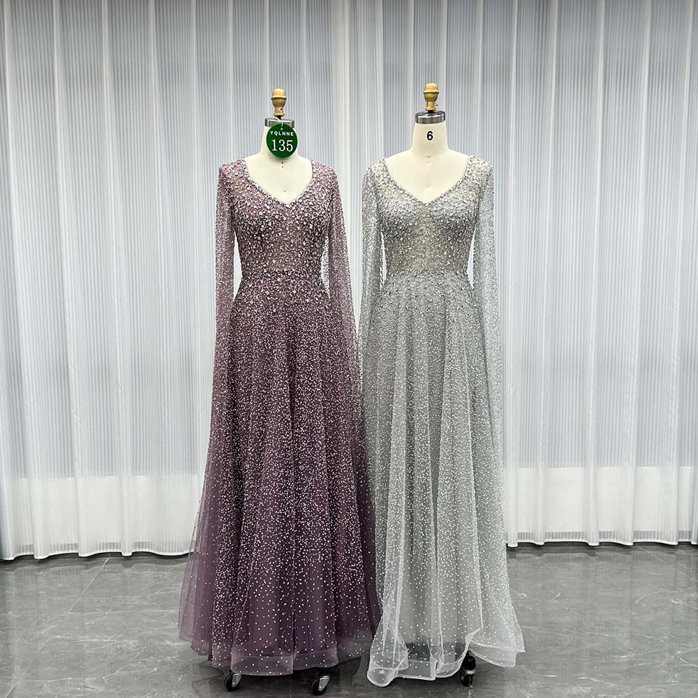 YQLNNE 0135 Sparkly Silver Crystals Evening Dresses Cape Sleeves Long Aline Formal Women Party Gown