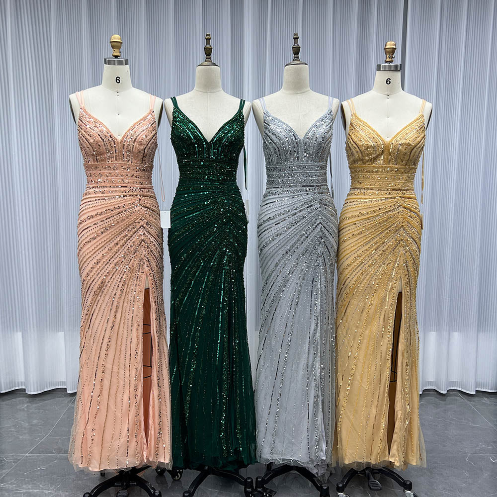 YQLNNE 075 Green High Slit Beaded Evening Dress Long Mermaid Formal Party Gown