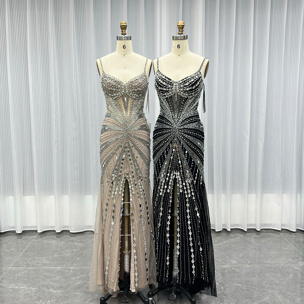 YQLNNE 038 Black Crystals Pageant Evening Gown Long Slit Strapless Women Party Dress