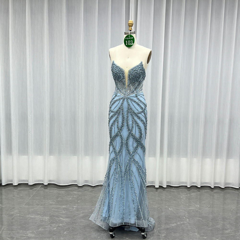 YQLNNE 0103 Blue Strapless Crystals Pearls Prom Dress Long Party Gown