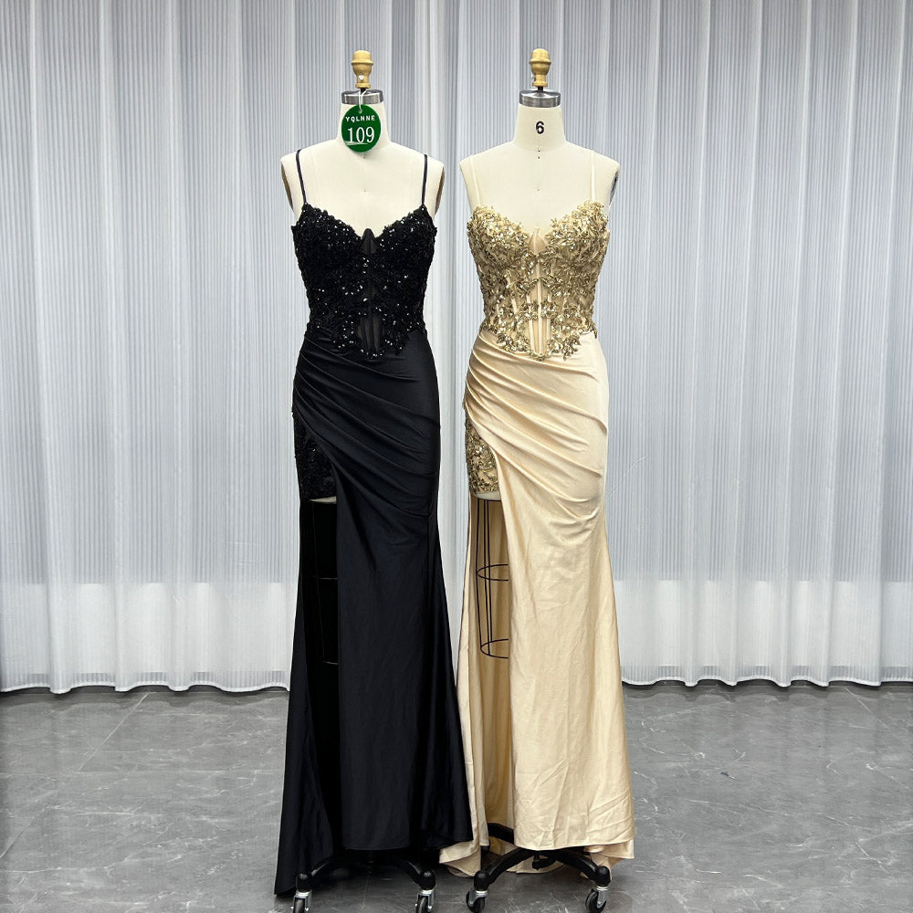 YQLNNE 0109 Gold Long Slit Prom Dress With Beadings