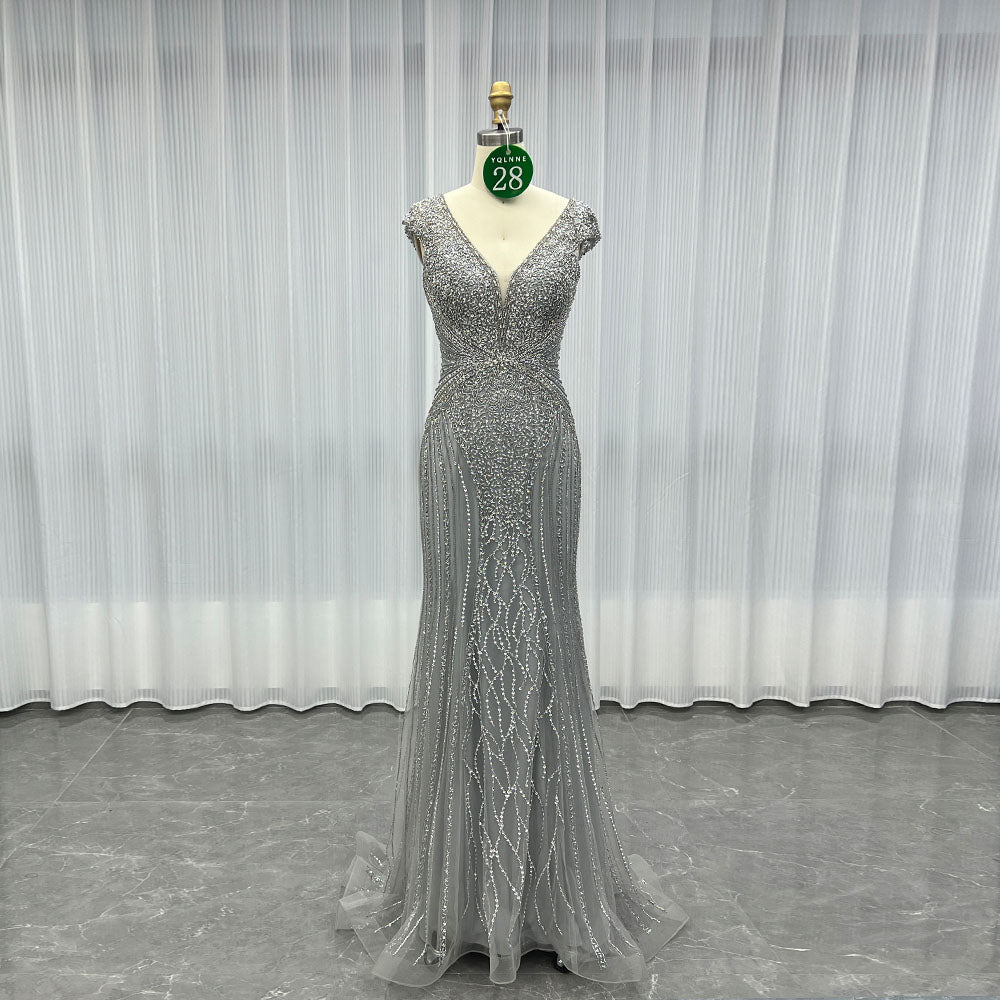 YQLNNE 028 Silver Crystals Beaded Evening Dress Mermaid Cap Sleeves