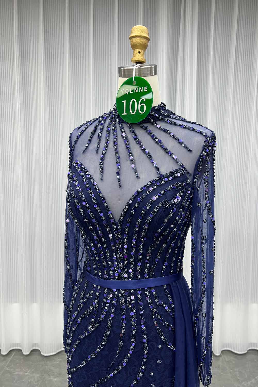 YQLNNE 0106 Modest Navy Long Sleeve Evening Dress Formal Party Gown