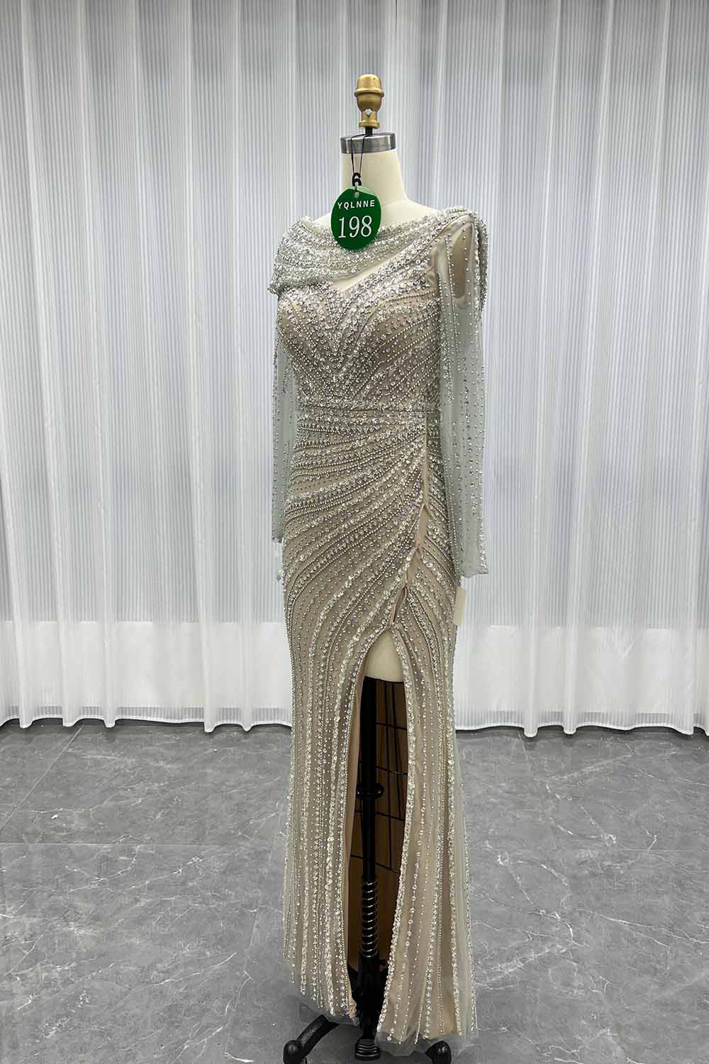 YQLNNE 0198 Silver Nude Crystals Evening Dresses Long Sleeves Gowns