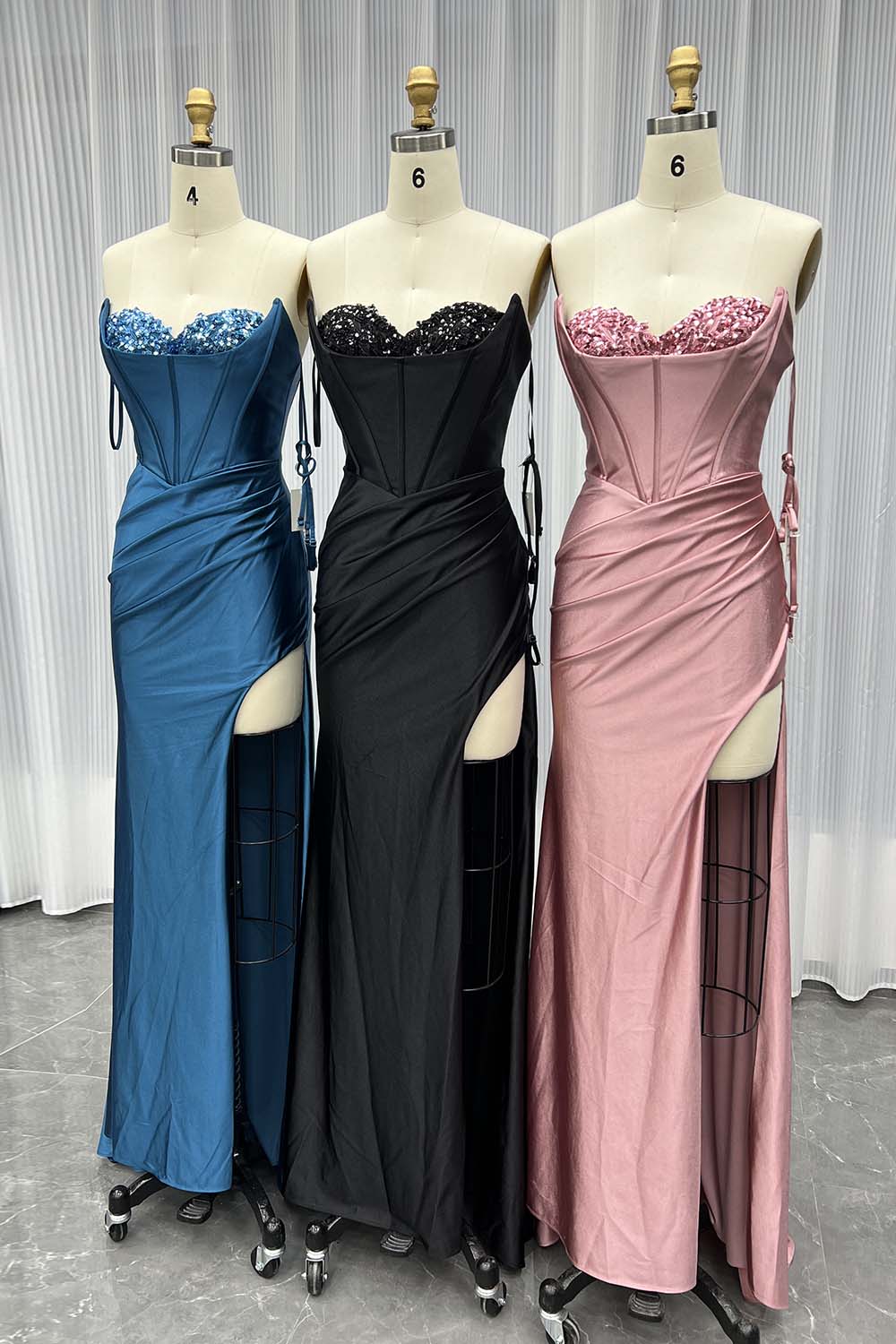 YQLNNE 04 Black Satin Slit Long Prom Dresses Strapless Lace-up Formal Party Dress