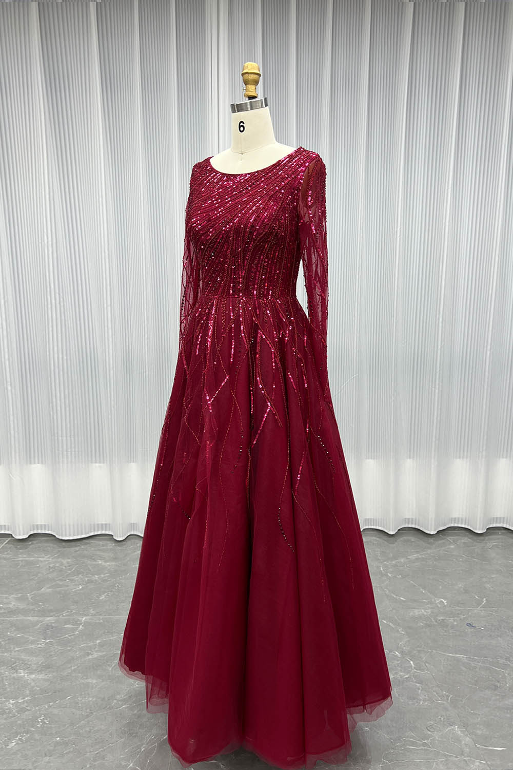 YQLNNE Modest Wine Red Handmade Beaded Evening Party Gown